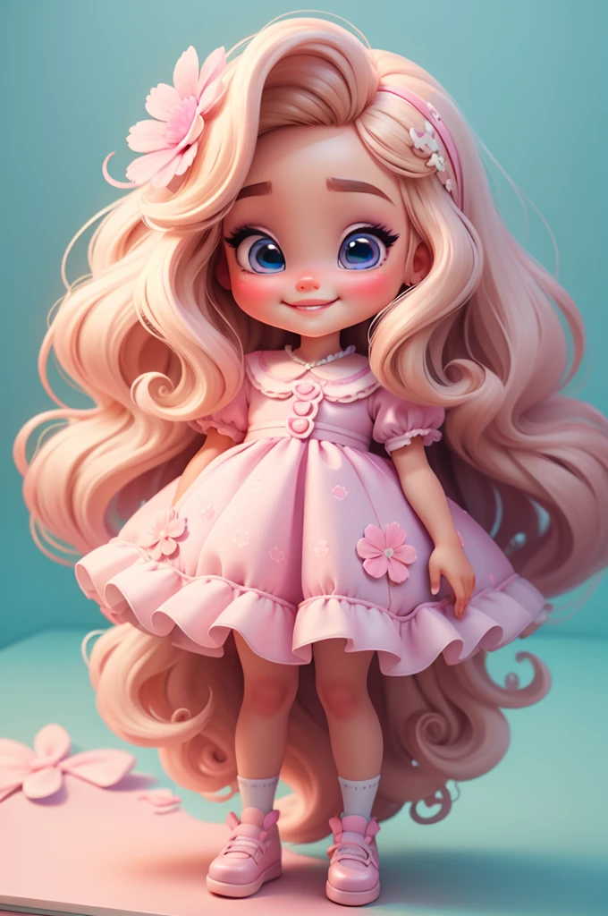 digital illustration baby girl kid, realistic, imvu style, extravagant, vivid picture, (masterpiece, best quality:1.2),，barbie, big eyes，blonde, pink fushia bow in hair, Cute expression，with light blue cotton candy in hand, perfect, nitid, center photo, white background, smiling, flower shoes, flower shoes, brown shoes, smiling, standing, fullbody, center photo
