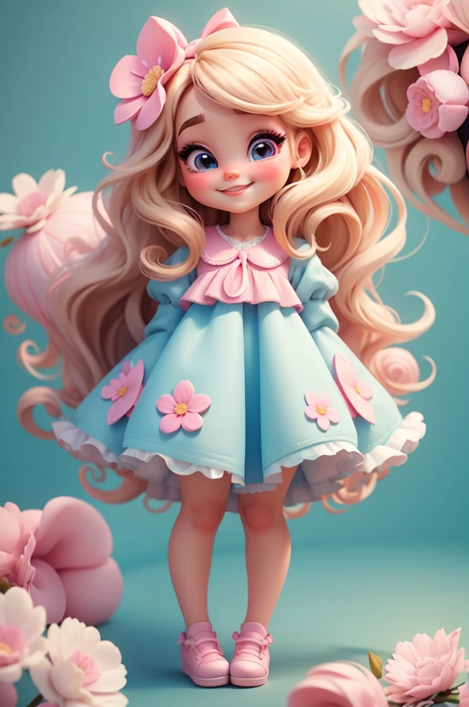 digital illustration baby girl kid, realistic, imvu style, extravagant, vivid picture, (masterpiece, best quality:1.2),，barbie, big eyes，blonde, pink fushia bow in hair, Cute expression，with light blue cotton candy in hand, perfect, nitid, center photo, white background, smiling, flower shoes, flower shoes, brown shoes, smiling, standing, fullbody, center photo
