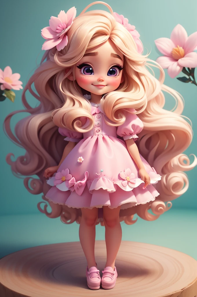 digital illustration baby girl kid, realistic, imvu style, extravagant, vivid picture, (masterpiece, best quality:1.2),，barbie, big eyes，blonde, pink fushia bow in hair, Cute expression，with light blue cotton candy in hand, perfect, nitid, center photo, white background, smiling, flower shoes, flower shoes, brown shoes, smiling, standing, fullbody, center photo
