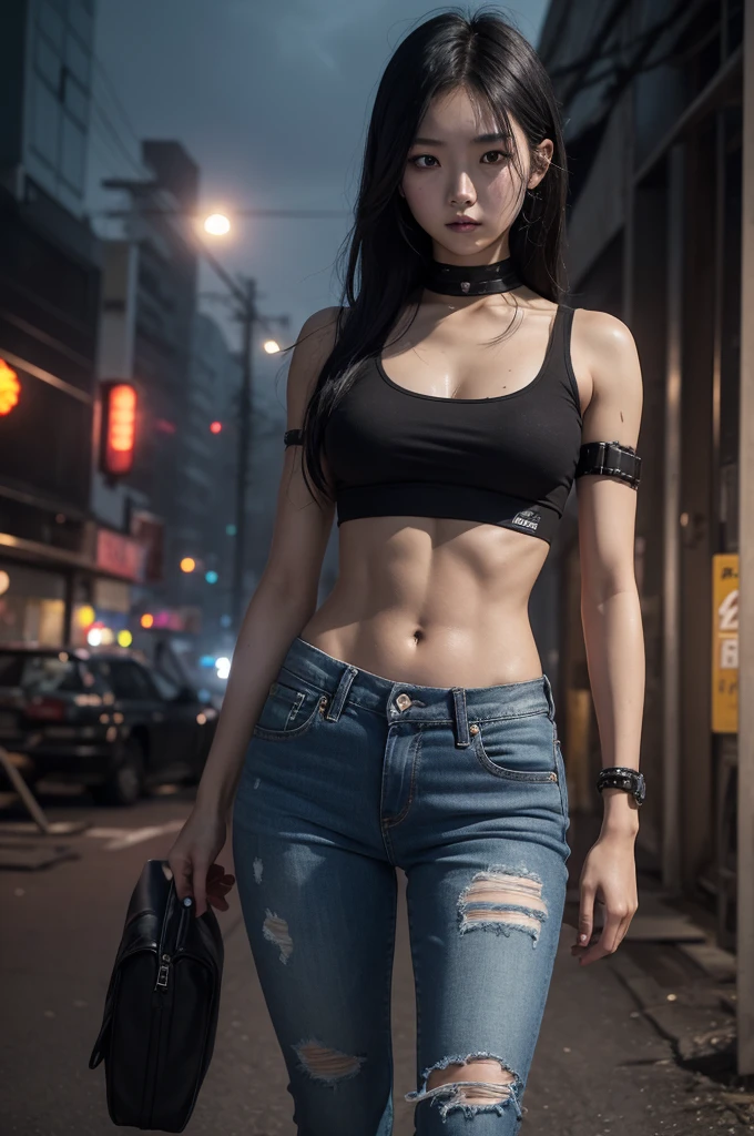 19 year old Korean girl, skin fair, some scratches on the body and a little dirty, in a post apocalyptic zombie world, tight shiny black jeans, tight black cropped short, holding an epée, scenery around city destroyed by zombies, dark environment at night, athletic and well-defined physique.