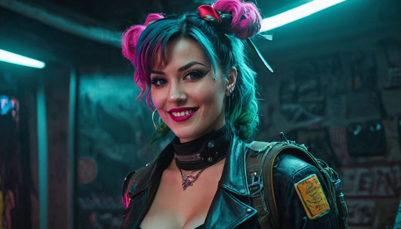 (masterpiece:1.2, best quality, ultra detailed, colorfull neon ratio, ultra realistic:1.3), Theatrical lighting:1.7, Photo of a Curvy retro-futuristic mercenary woman inspired by Rebecca from Cyberpunk: Edgerunners, dressed in retrofuturistic attire (Tops, T-Shirts, Tight Shirts, Tight Dresses:1.0), vibrant makeup, pub basement setting with a wall full of retro weapons, perfect rare face, highly detailed skin, curly hair with colorful streaks and many hair bows, Hide mouth with hands, inked tattoos, pale shiny skin, thin, large size, Sharp focus on rare face, perfect eyes:1.2, photorealistic, film grain, one foot forward, from below looking up, look at camera, Emphasize shoulders with holster, scabbard, tactical knife, Focus on face, stockings, Scarves, Collars, smile with raised mouth corners, disdainful expression, night lights, instagram style, backlit, outer space, retro tech, cyberpunk, Retrofuturism, 80's perm, foggy, misty, 80's house, muted warm colors, Theatrical portrait, neon night lights, tilted:1.3, suburban retrofuturistic mercenaries, cautious, spotlight, volumetric dust clouds, key light, backlight, Ray Tracing, soft natural neon lighting, film grain ISO 400, 30 mm lens, RAW f1.8 aperture, analog photography, hdr colors