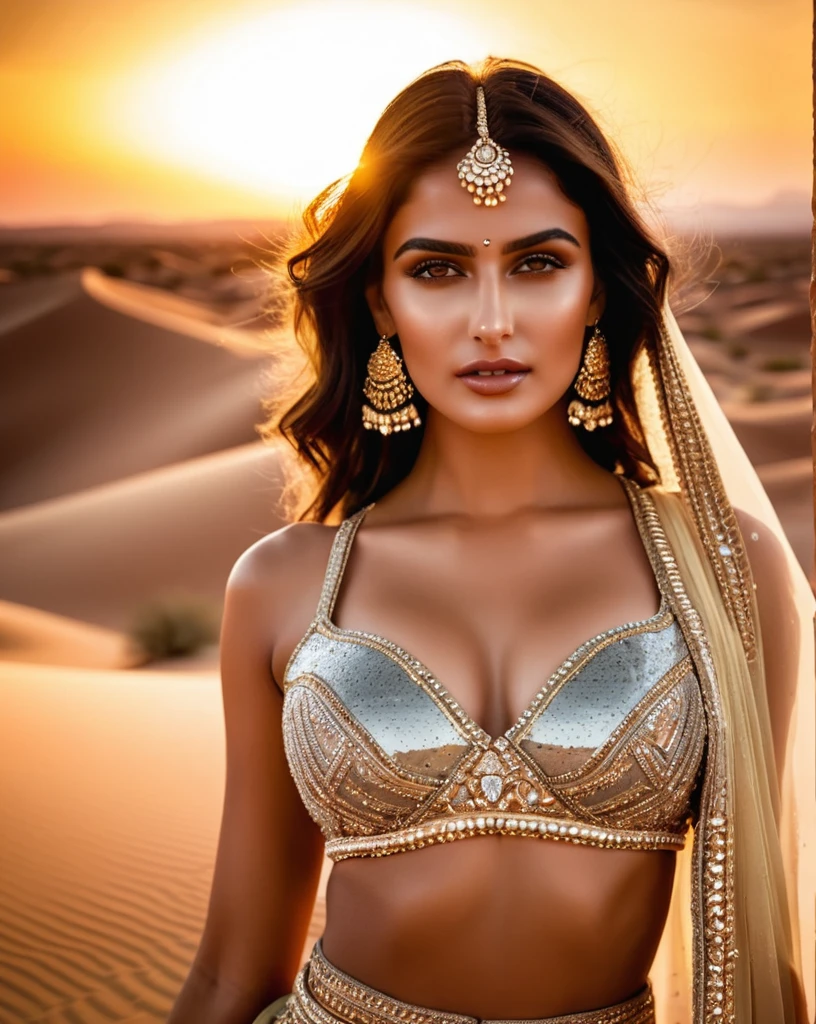 A mesmerizing American Instagram model, bright turkish girl, tall, wearing a glamorous lehenga choli intricately embellished with sequins and beads, her makeup exuding elegance with bold eyes and soft lips, posing against the backdrop of a majestic sunset over the desert dunes, casting a golden hue over the landscape, highlighting her allure and sophistication, Photography, high-resolution DSLR with a telephoto lens, fair complexion, ultra realistic, beautiful face, deep cleavage:1.5, medium size beautiful breast, same dress, bright wihte skin, very deep cleavage,