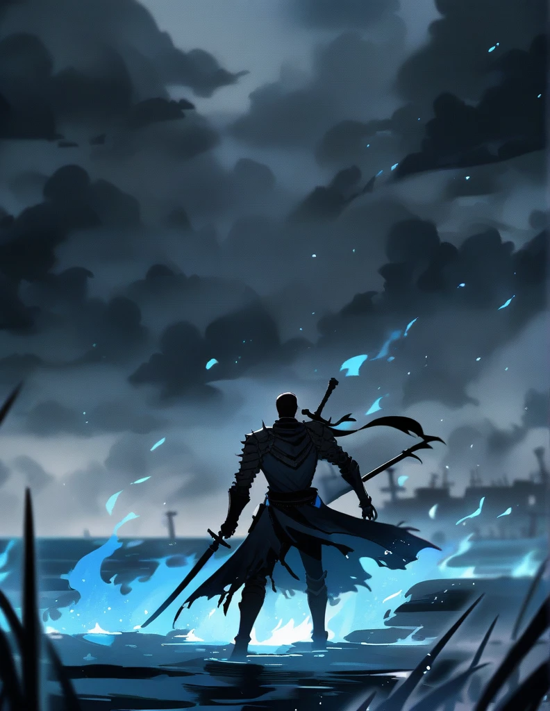 skeletons armed with swords, coming out of the blue fire ground, on a stormy gray night, with the sea in the background