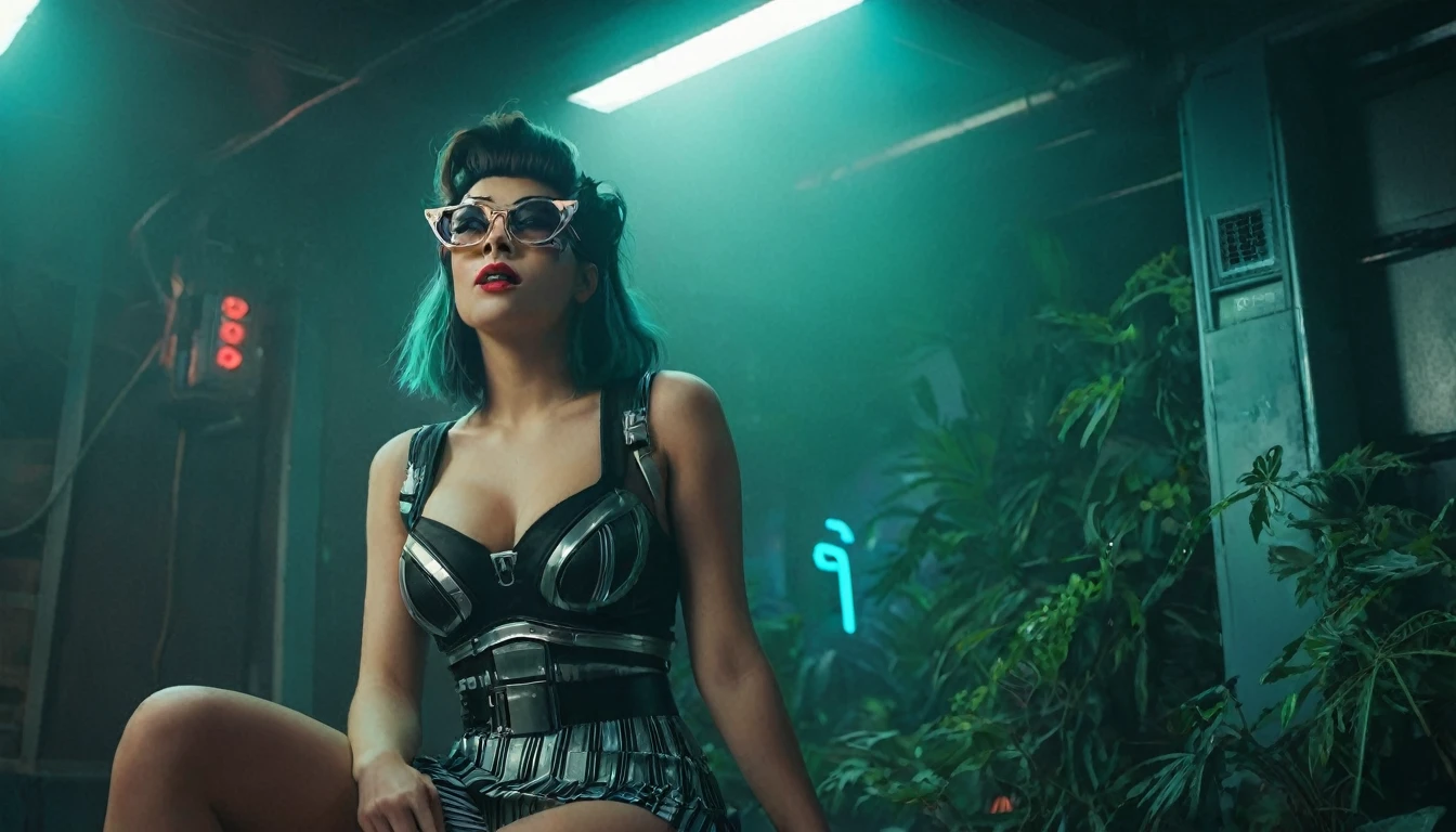 (Best quality, Ultra detailed, Golden ratio, Masterpiece:1.2), Theatrical lighting:0.7, Photo of a retro futuristic woman, Retrofuturism dressed with emo mini skirt. Her vibrant makeup tell of a itimate (vibe of Cyberpunk 2077), Perfect rare face, (Highly detailed skin), randomly dyed hair, Hide your mouth with your hands、Wet, skin texture, Pale skin, shiny skin, (thin, large size:1.2), [:(Sharp focus on rare face, perfect eyes:1.2):0.2], photorealistic, film grain, Put one foot forward、from below looking up、look at camera、Emphasize the shoulders, Focus on face、Stockings、Cyberpunk glasses、Smile with corners of mouth raised、disdainful expression,muted colors,photographed at night, instagram, backlit, outer space, retro, retro tech, atari, commodore, space invaders, basement, plants, houseplants, cyberpunk Retrofuturism panties, small panty, 80's perm, fog, foggy, misty, (80's house), muted warm colors, Photo cinematic portrait of a woman dressed in a striped dress sitting by the window in the neon night lights, cinematic, (tilted:1.3) (on an suburb Retrofuturistic train) look cautious, standing under a spotlight, volumetric dust clouds, key light, backlight, soft natural neon lighting, photography Film grain ISO 800 30 mm lens RAW f2.8 aperture, highly detailed (analog photography:1), colors hdr