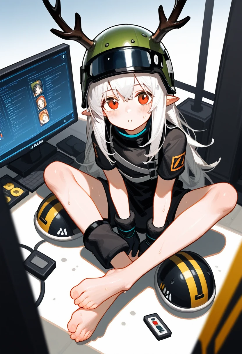 punctuation_9,punctuation_8_High above,punctuation_7_High above,1 girl,muddy stone (arknights),grimy,feet,mitts,helmet,antlers,flooras,Eyes red,Bare feet,pointy ears,breastsout,standing alone,long hair,White hair,black mitts,Toes,helmet de segurança,foco nos feet,gazing at viewer,sitting down,sweat,parted lips,grimy feet,containment,plein-air,sky,bangss,oripathy lesion (arknights),giorno,ssmile,blush,demon antlers,infection monitor (arknights),foreshortening,floor, com um pênis nos feet 