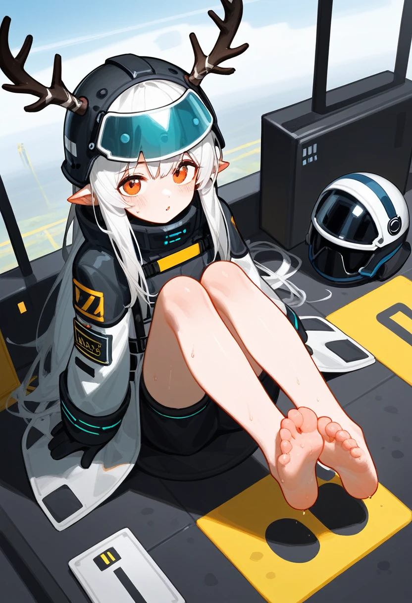 score_9,score_8_superior,score_7_superior,One girl,Mudstone (Arknights),dirty,feet,gloves,Helmet,horn,feet裏,Red eyes,裸feet,Pointed Ears,chest,alone,Long Hair,Gray Hair,black gloves,Toes,Helmet,feetのフォーカス,View your viewers,Sitting,Sweat,Part your lips,dirty feet,Holding,Outdoor,null,bangs,oripathy lesion (Arknights),Day,smile,blush,demon horn,infection monitor (Arknights),Shorthand,sun,
