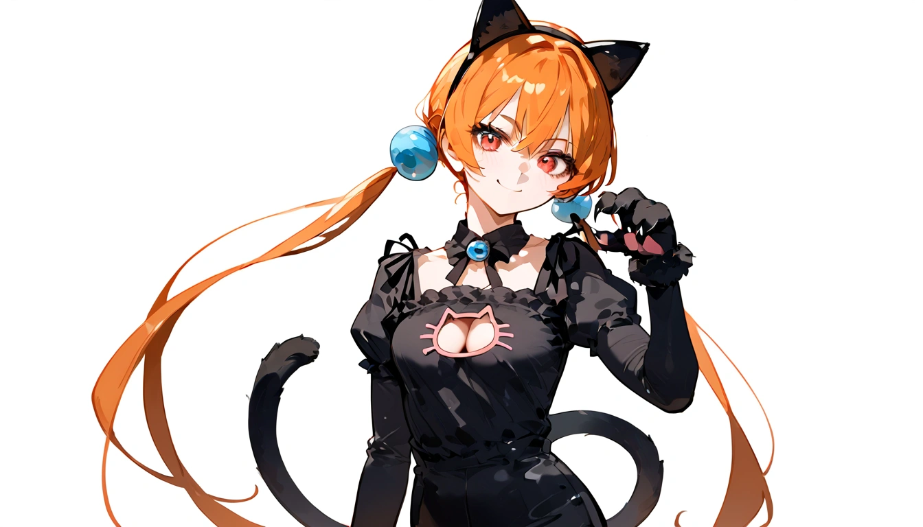 anime artwork, score_9, score_8_up, score_7_up, score_6_up, score_5_up, score_4_up,alisasr, 1girl, orange hair, red eyes, fake black cat ears, hairband, long hair, very long hair, twintails, hair ornament, hair bobbles, low twintails,, \\\\\\ \\\\\ , cat lingerie, paws gloves, cat tail, the pose, , claws, naughty face
