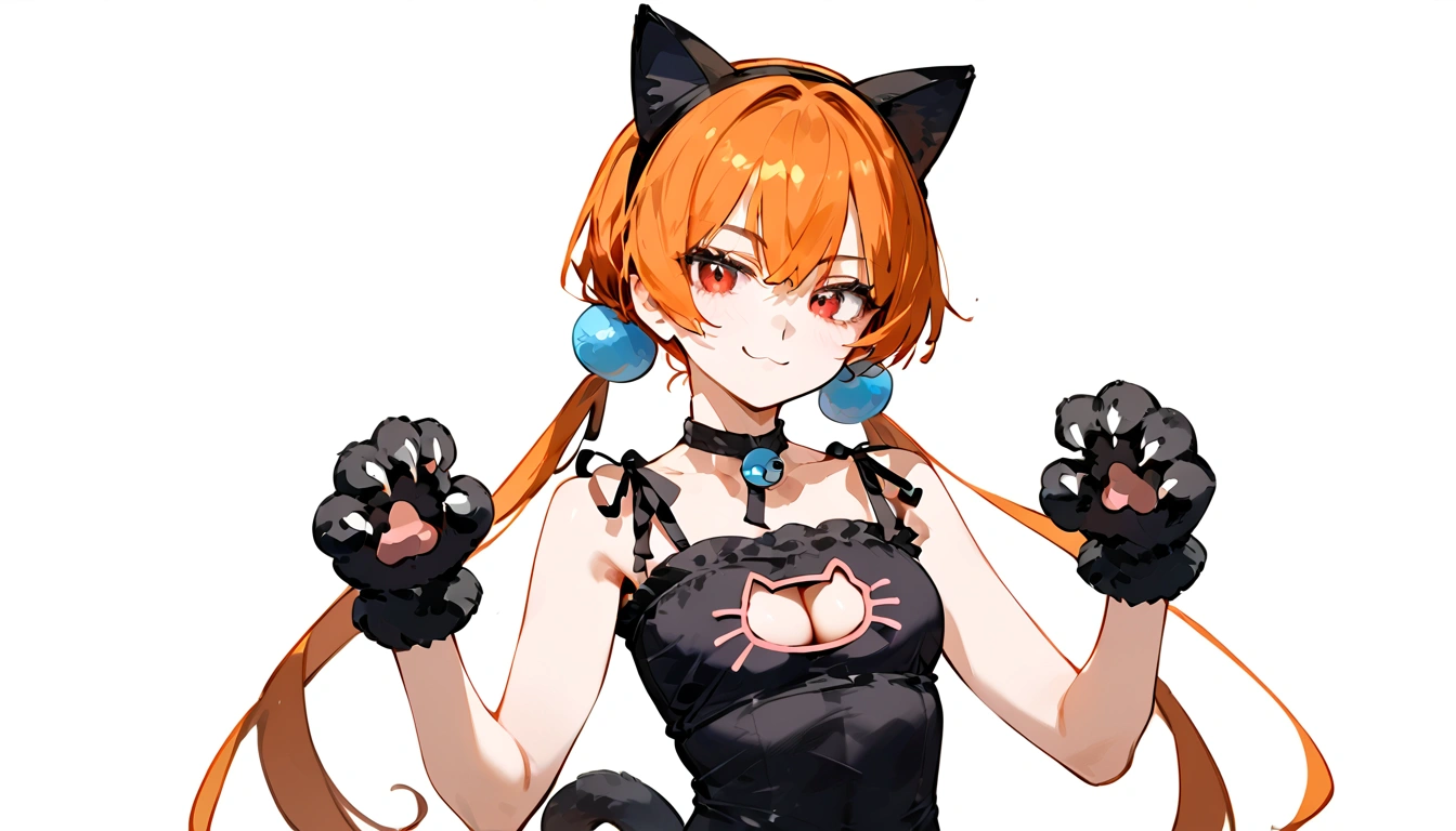 anime artwork, score_9, score_8_up, score_7_up, score_6_up, score_5_up, score_4_up,alisasr, 1girl, orange hair, red eyes, fake black cat ears, hairband, long hair, very long hair, twintails, hair ornament, hair bobbles, low twintails,, \\\\\\ \\\\\ , cat lingerie, paws gloves, cat tail, the pose, , claws, naughty face
