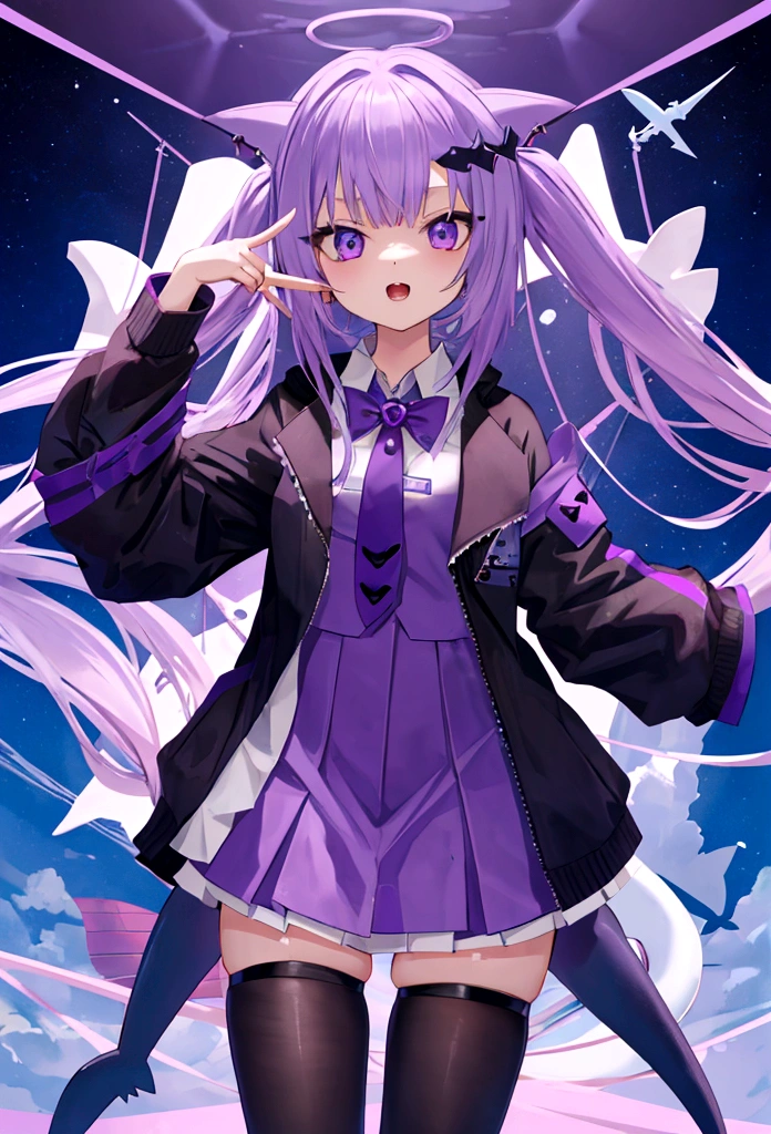 cute shark girl, vtuber, teenager, purple color shark costume, hime haircut, short body, human, shark legs,