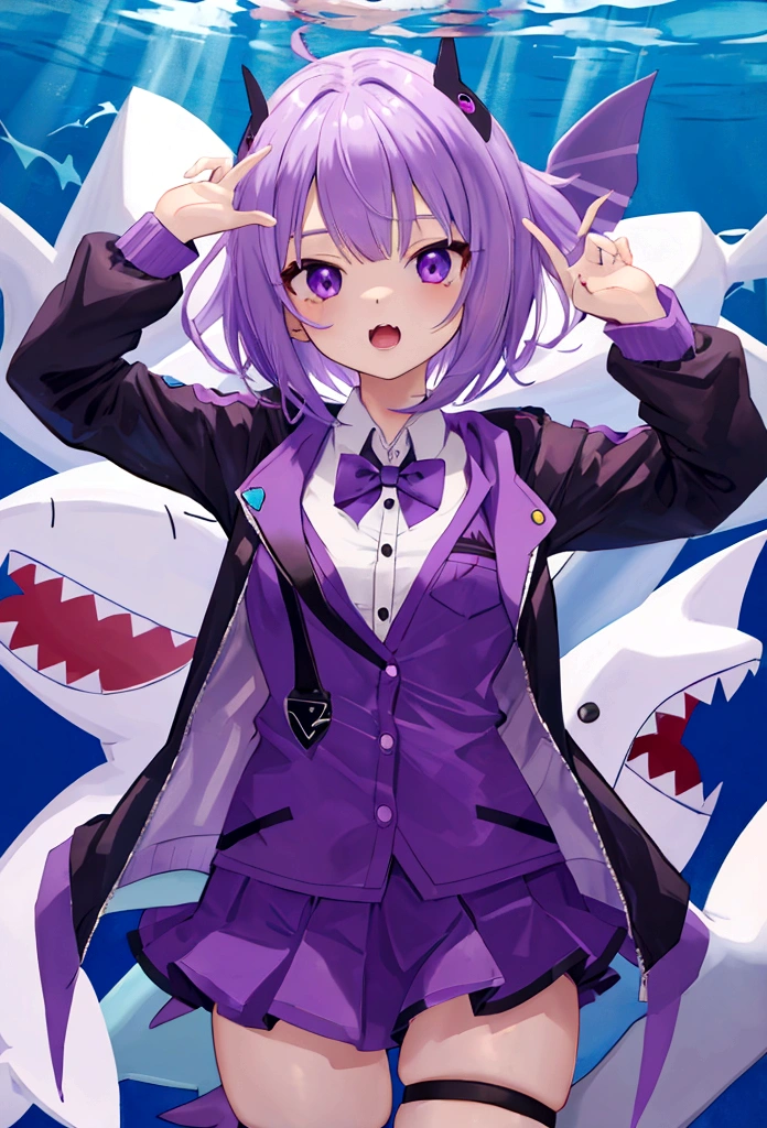 cute shark girl, vtuber, teenager, purple color shark costume, hime haircut, short body, human, shark legs,