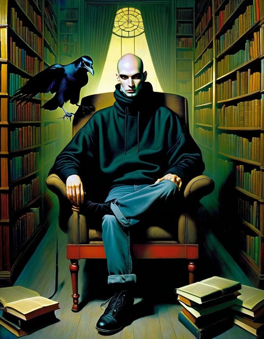 man and his pet crow, young man, bald with black beard, very thin, sitting in an armchair in a large library where books come to life, wearing a black sweatshirt and jeans, great disorder, surrealism, vampires, dark tones, horror tones, art inspired by dave mckean