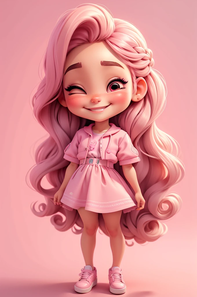 digital illustration cartoon fashion girl miniature ilustration, mexican girl, realistic, braid hair, eyes closed, chibi, nails pink, smiling, vivid, center photo, white background, smiling, casual outfit,stand, pink shoes