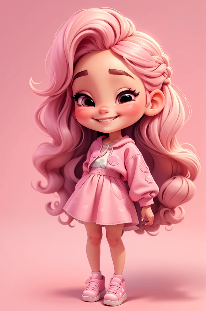 digital illustration cartoon fashion girl miniature ilustration, mexican girl, realistic, braid hair, eyes closed, chibi, nails pink, smiling,  vivid, center photo, white background, smiling, casual outfit,stand, pink shoes