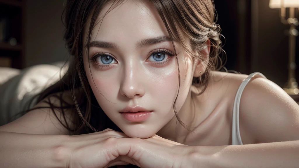 a woman in a white dress, beautiful detailed eyes, beautiful detailed lips, extremely detailed eyes and face, long eyelashes, elegant, graceful, serene, photorealistic, 8k, hyperrealistic, high quality, cinematic lighting, warm color tones, dramatic lighting, intricate details, masterpiece