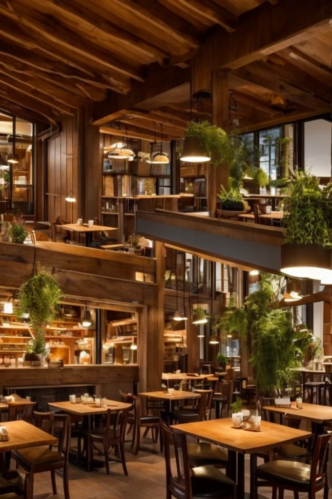 a cozy cafe with large windows, natural sunlight, wooden tables and chairs, a warm and inviting atmosphere, barista preparing coffee, people enjoying pastries and drinks, cityscape or garden view outside the windows, elegant decor with plants and rustic accents, high ceilings with exposed beams, detailed textures of materials, warm color tones, photorealistic, 8k, highly detailed ventanas exteriores