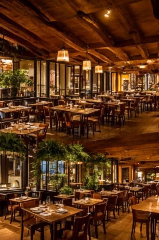 a cozy cafe with large windows, natural sunlight, wooden tables and chairs, a warm and inviting atmosphere, barista preparing coffee, people enjoying pastries and drinks, cityscape or garden view outside the windows, elegant decor with plants and rustic accents, high ceilings with exposed beams, detailed textures of materials, warm color tones, photorealistic, 8k, highly detailed ventanas exteriores