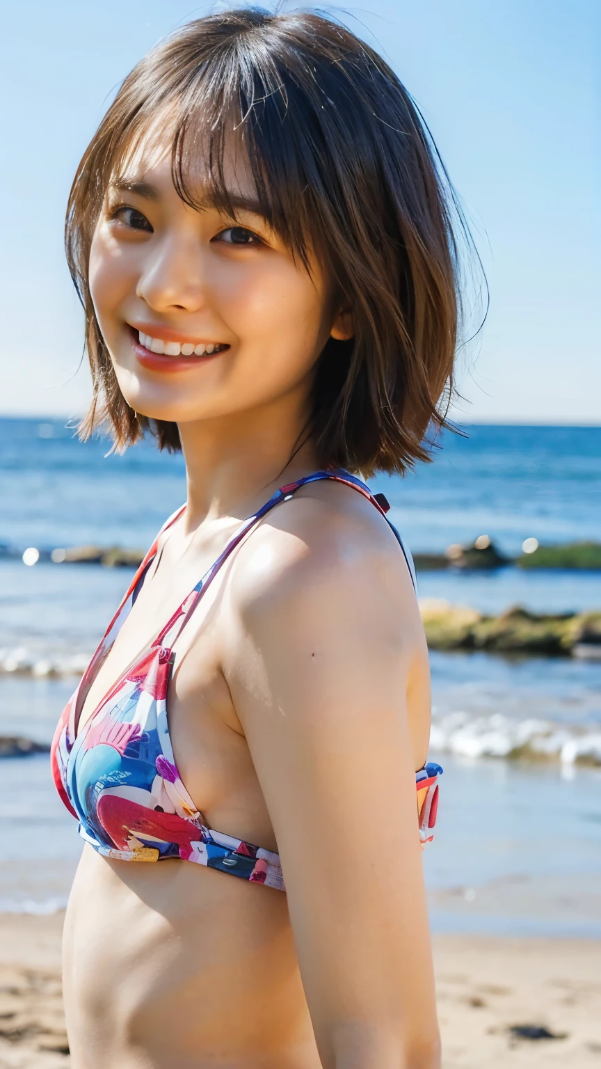 (8K、RAW Photos、Highest quality、masterpiece:1.2)、(Realistic、Realistic)、1 Girl、((Beach、bikini、Small breasts、smile、Look at the camera and smile、stand))、cute