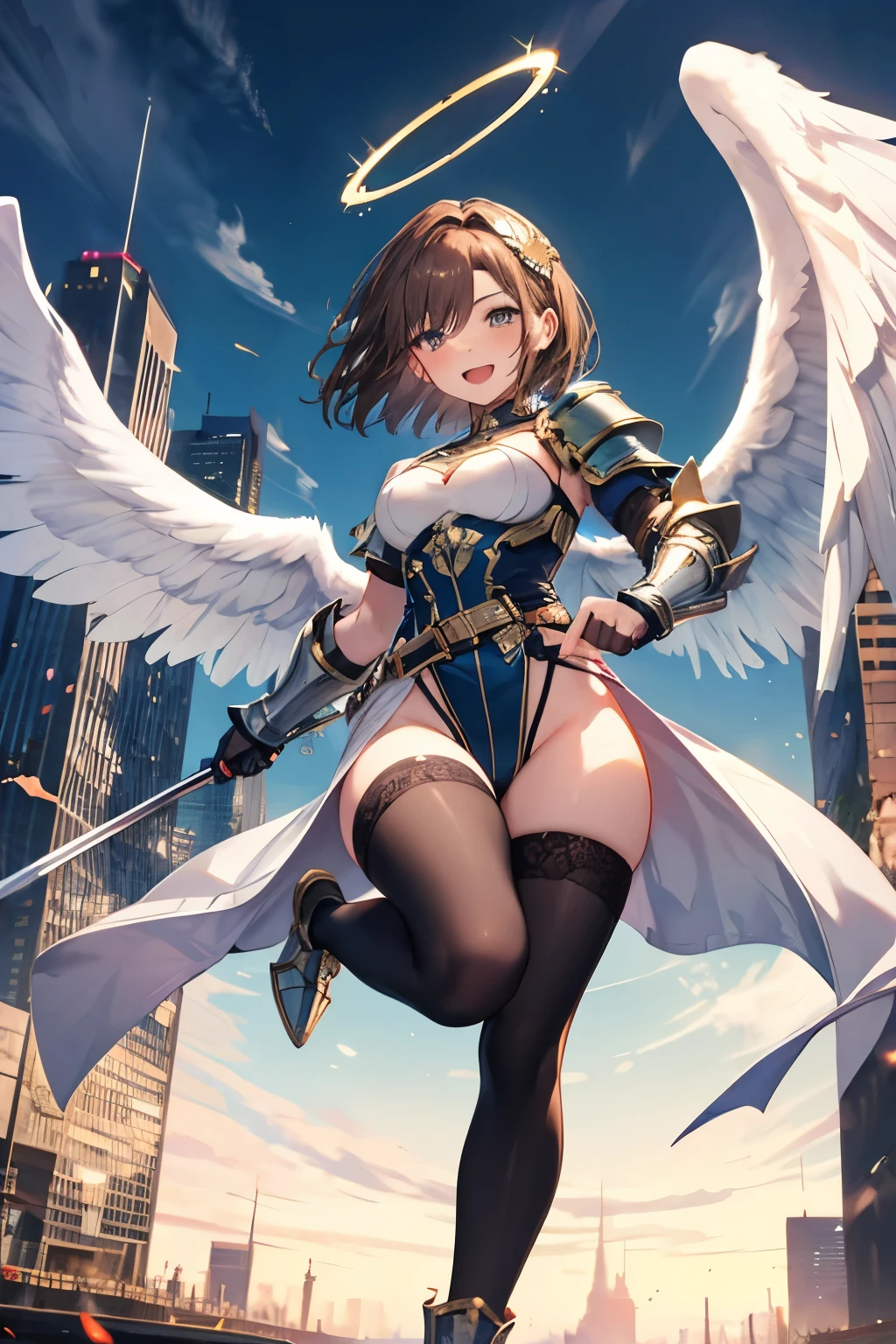 fantasy, 1angel_girl,young_, ,brown_hair, medium_bob_hair, long_bangs, halo,bare_shoulder,thighhighs,silver_armor, waist_armor, large_breasts,grinning,open_mouth,teeth, 1pair_wings, dynamic_pose_fighting,floating, bare_crotch, headgear,gauntlet, greaves,city_background,slightly_spread_legs, solo, groin_naked,