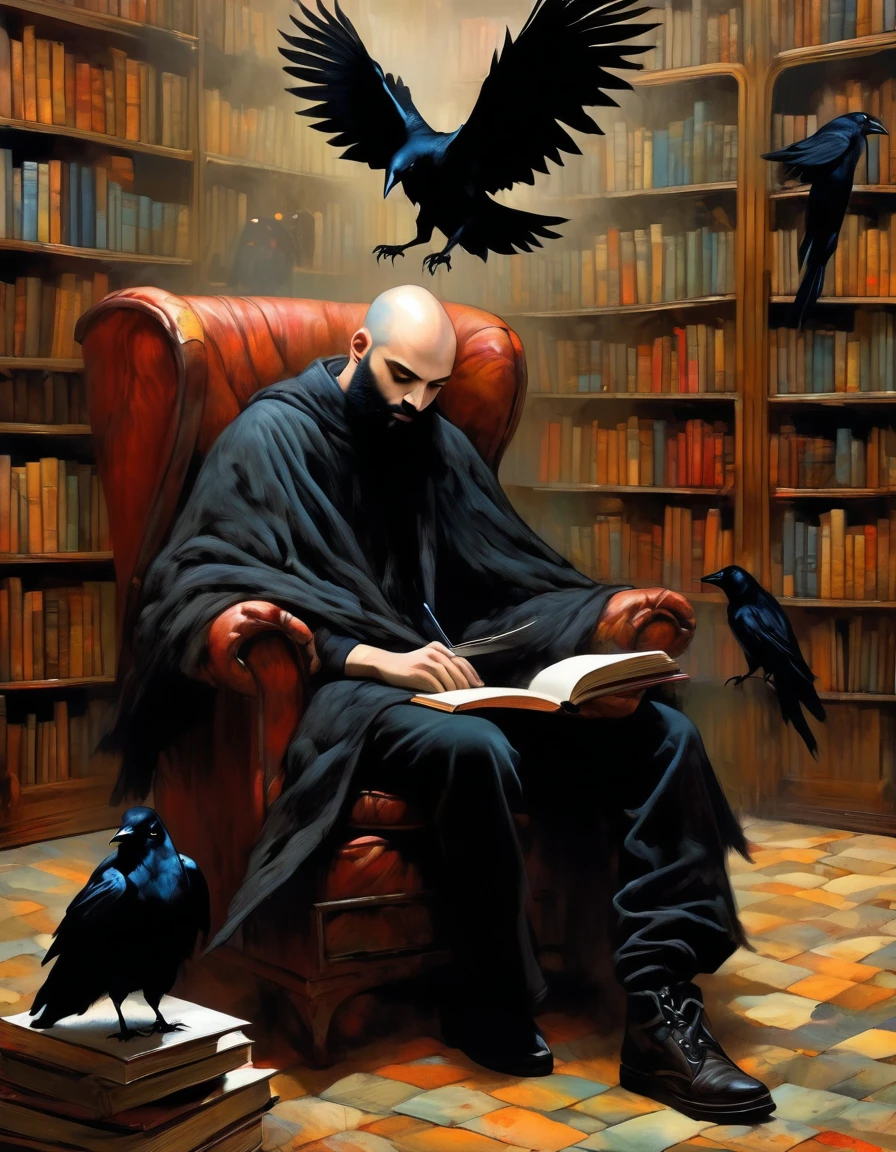 man and his pet crow, young man, bald with black beard, very thin, sitting in an armchair in a large library where books come to life, wearing a black sweatshirt and jeans, great disorder, surrealism, vampires, dark tones, horror tones, art inspired by dave mckean
