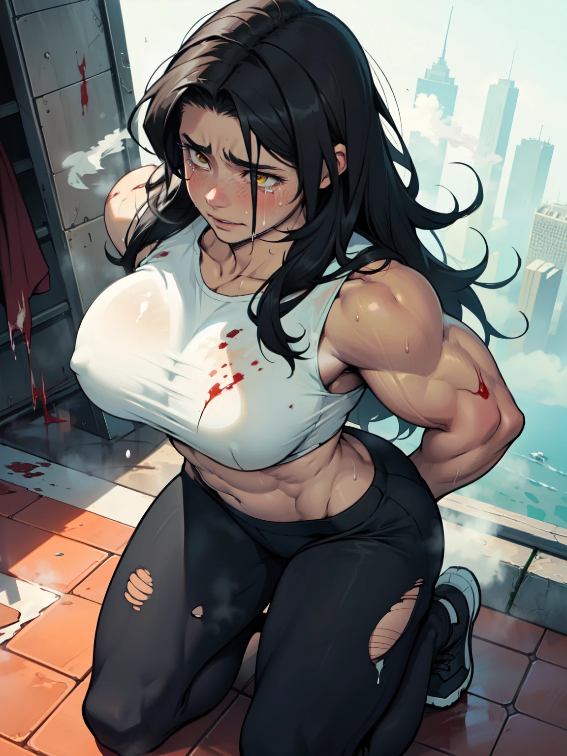 (1 girl solo) kneeling solo abs sad massive breasts ((crying)) ((bleeding)) torn clothes pale skin bodybuilder huge  sweaty foggy steam black hair yellow eyes very long hair (((hands behind back))) (from above)