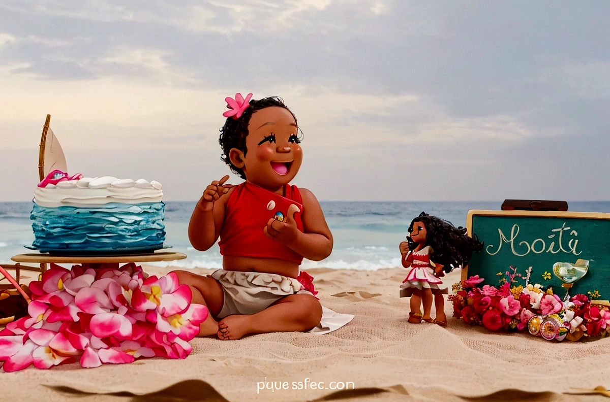 there is one sitting on the beach with a cake, posing on a beach with the ocean, moana, toy commercial photo, posing at the beach, posed, she expressing joy, toy photography, she is smiling and excited, playing on the beach, Lilo e Stitch, on the sand, Beautiful photo, night setting, fashion photo portrait, glad!!!