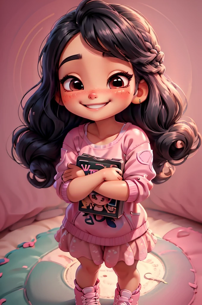 digital illustration cartoon fashion girl miniature ilustration, mexican girl, realistic, braid hair, eyes closed, chibi, nails pink, smiling, holding dvds korean romantic movies) vivid, center photo, white background, smiling, casual outfit,stand, pink shoes, black hair, black hair,