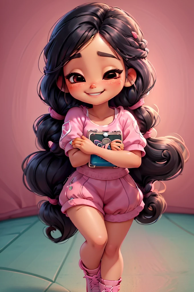 digital illustration cartoon fashion girl miniature ilustration, mexican girl, realistic, braid hair, eyes closed, chibi, nails pink, smiling, holding dvds korean romantic movies) vivid, center photo, white background, smiling, casual outfit,stand, pink shoes, black hair, black hair,