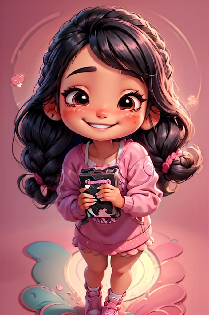 digital illustration cartoon fashion girl miniature ilustration, mexican girl, realistic, braid hair, eyes closed, chibi, nails pink, smiling, holding dvds korean romantic movies) vivid, center photo, white background, smiling, casual outfit,stand, pink shoes, black hair, black hair,
