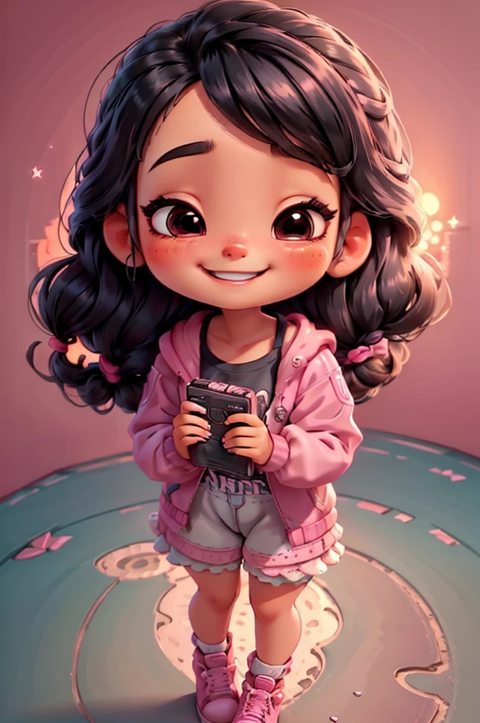 digital illustration cartoon fashion girl miniature ilustration, mexican girl, realistic, braid hair, eyes closed, chibi, nails pink, smiling, holding dvds korean romantic movies) vivid, center photo, white background, smiling, casual outfit,stand, pink shoes, black hair, black hair,