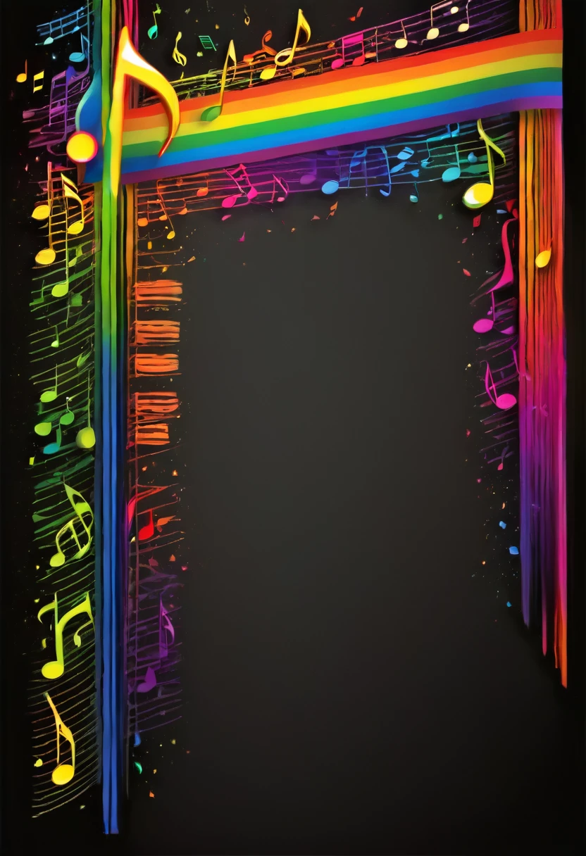 Black background, rainbow colored musical notes