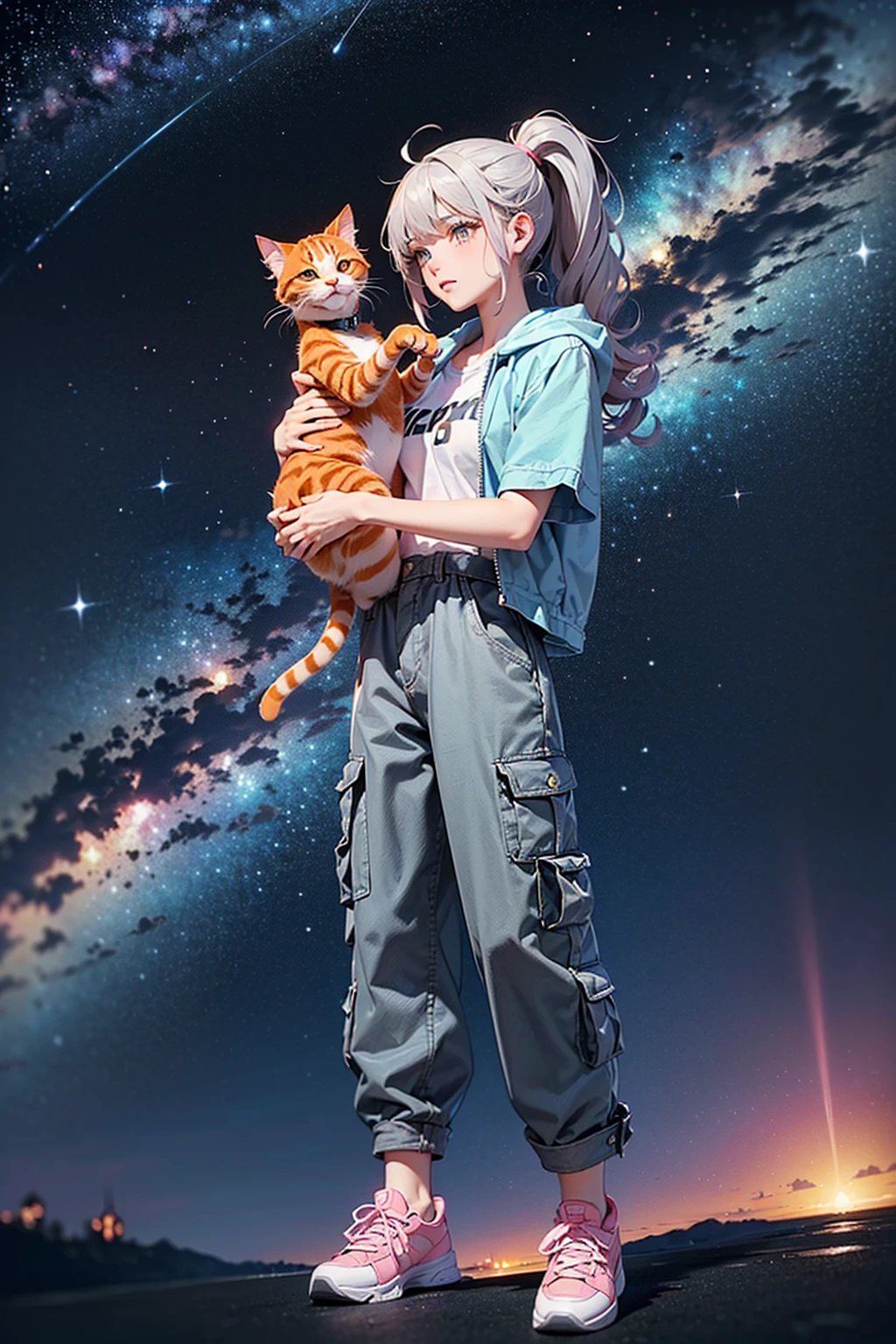 (((Holding a cute orange bantam cat in both hands))),((Highest quality,masterpiece,Full frontal view of a super mature and tall beauty,Air bangs,Blue gray high ponytail super long straight hair,Slightly curly hair on double sideburns,Hair ends curled in,Gray and pink short T-shirt,Light blue denim gray hooded jacket,Black and gray long and wide cargo pants,Pink and white sneakers,(((Look at the camera head-on))),starry sky galaxy background