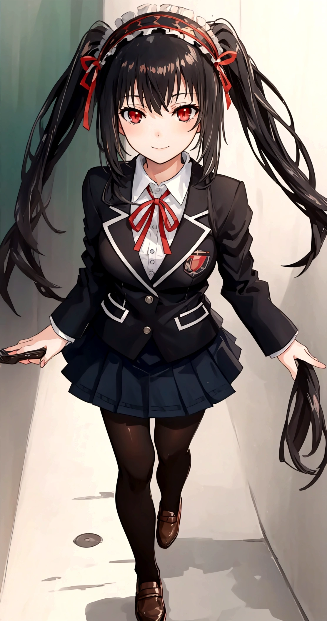 ultra-detailed,highly detailed,best quality,masterpiece,illustration,realistic, photo,photorealistic,
1girl, tokisaki kurumi,cosplay,hair over one eye, looking at viewer, happy girl,low twintails,
, blazer, collared shirt, neck ribbon, pleated skirt, pantyhose, hair rings, loafers,
indoors, walking, stairwell, 
