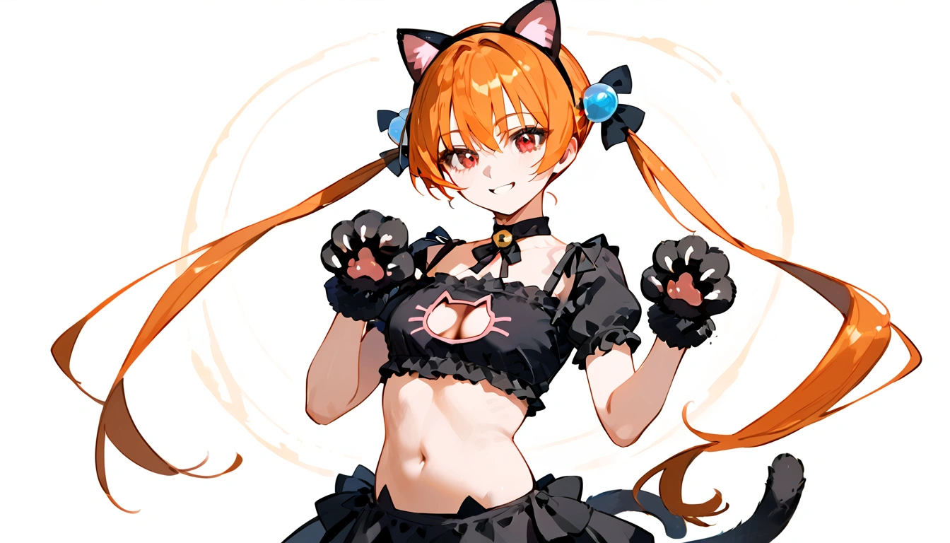 anime artwork, score_9, score_8_up, score_7_up, score_6_up, score_5_up, score_4_up,alisasr, 1girl, orange hair, red eyes, fake black cat ears, hairband, long hair, very long hair, twintails, hair ornament, hair bobbles, low twintails,, \\\\\\ \\\\\ , cat lingerie, paws gloves, cat tail, the pose, , claws, fingersmile
