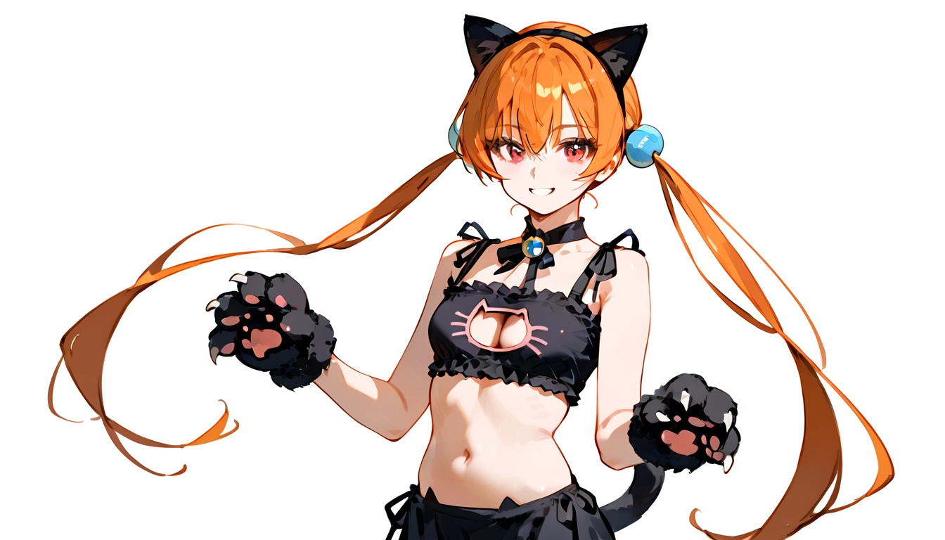 anime artwork, score_9, score_8_up, score_7_up, score_6_up, score_5_up, score_4_up,alisasr, 1girl, orange hair, red eyes, fake black cat ears, hairband, long hair, very long hair, twintails, hair ornament, hair bobbles, low twintails,, \\\\\\ \\\\\ , cat lingerie, paws gloves, cat tail, the pose, , claws, fingersmile
