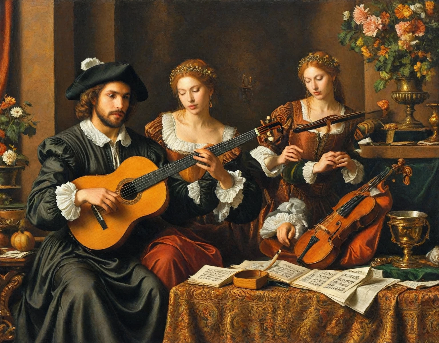 there are two people that are playing a musical instrument together, in a high renaissance style, in a renaissance style, renaissance digital painting, baroque digital painting, in renaissance style, realistic renaissance portrait, renaissance style, renaissance style painting, musicians, inspired by Fra Bartolomeo, baroque renaissance. medium shot, inspired by Lorenzo Lotto, renaissance portrait, michael cheval (unreal engine