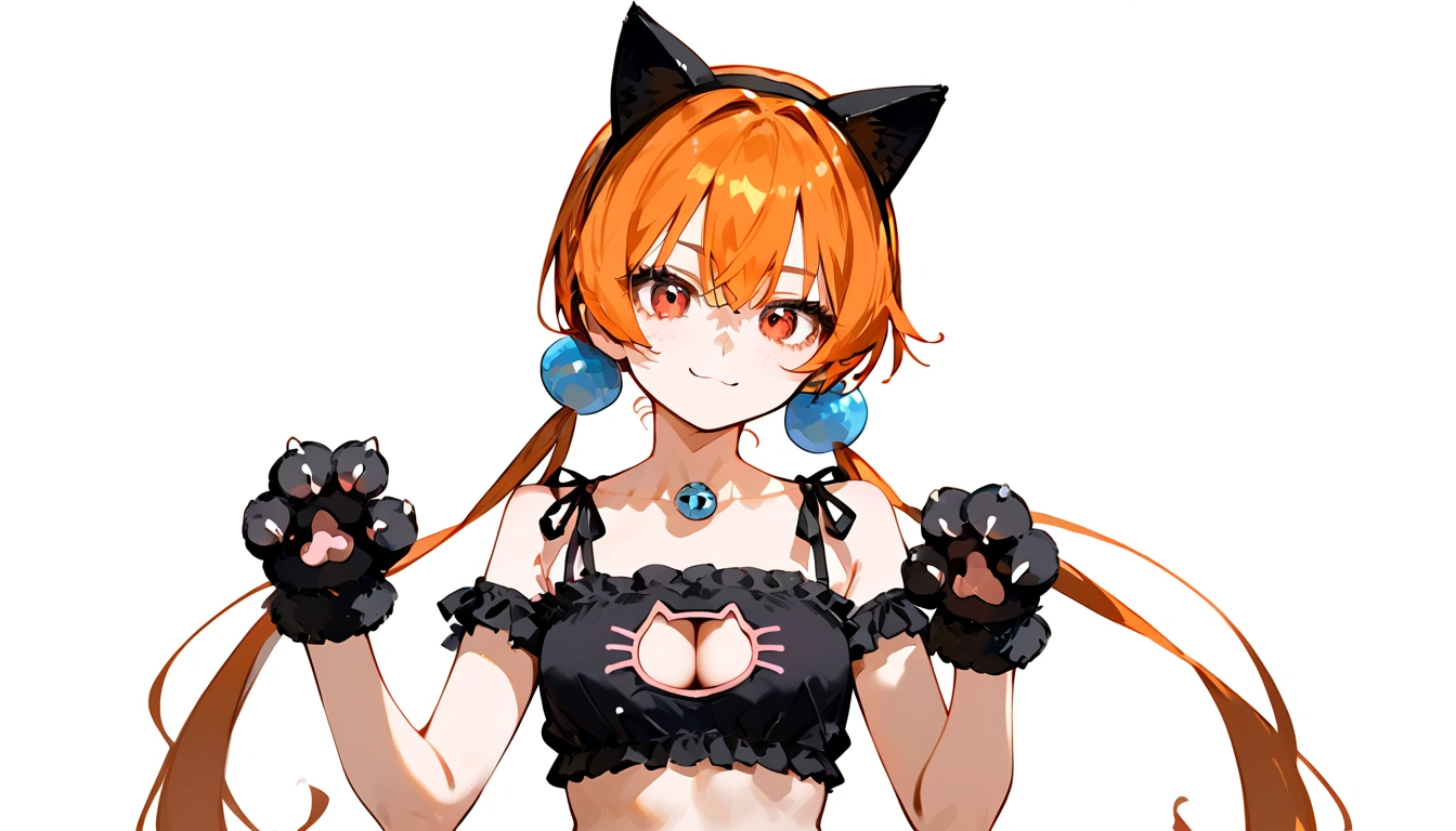 anime artwork, score_9, score_8_up, score_7_up, score_6_up, score_5_up, score_4_up,alisasr, 1girl, orange hair, red eyes, fake black cat ears, hairband, long hair, very long hair, twintails, hair ornament, hair bobbles, low twintails,, \\\\\\ \\\\\ , cat lingerie, paws gloves, cat tail, the pose, , claws, naughty face, beatiful background
