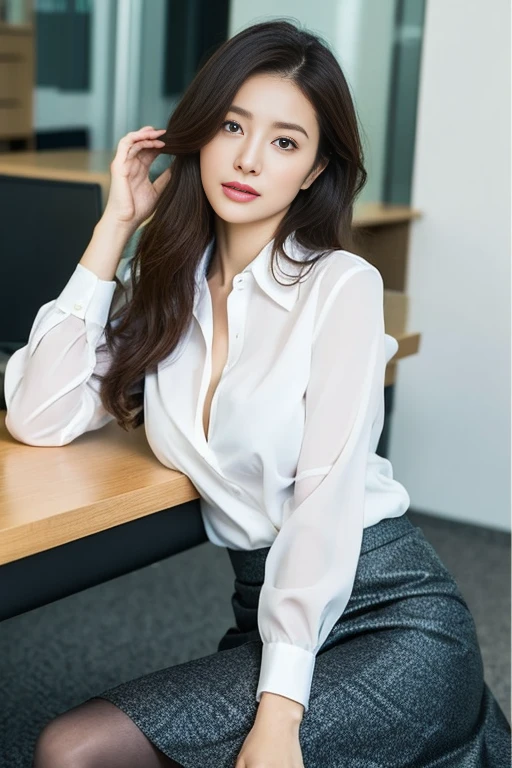 (Random color collared shirt:1.1)、(Random color long skirt:1.4)、(Highest quality、Ultra-high resolution、masterpiece、8K、Realistic raw photo)、(Delicate face、Detailed eyes and face、Watery eyes、double eyelid、Glossy lips), ((1 girl)) 、Very beautiful woman、Slender、Slim Big、Enchanting and luxurious、(silk pantyhose)、(High heels)、Cleavage、High-definition skin texture、Kind expression、In the office、Sitting in a chair、Full Body Portrait、Professional Lighting
