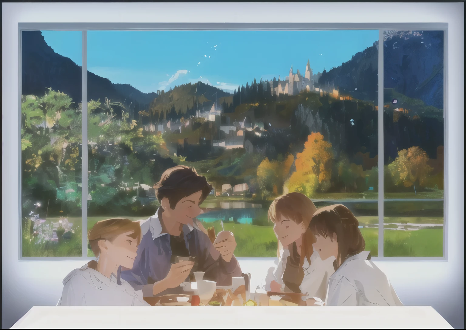 there are many people eating together at the table, promo image, on a scenic background, optimistic matte painting, digitl art, matte painting illustration, center of picture, Image is refined with UHD, 4 k image, 4 k image, High quality 8k hdr, film screenshot, flat matte painting, Impressionist oil painting