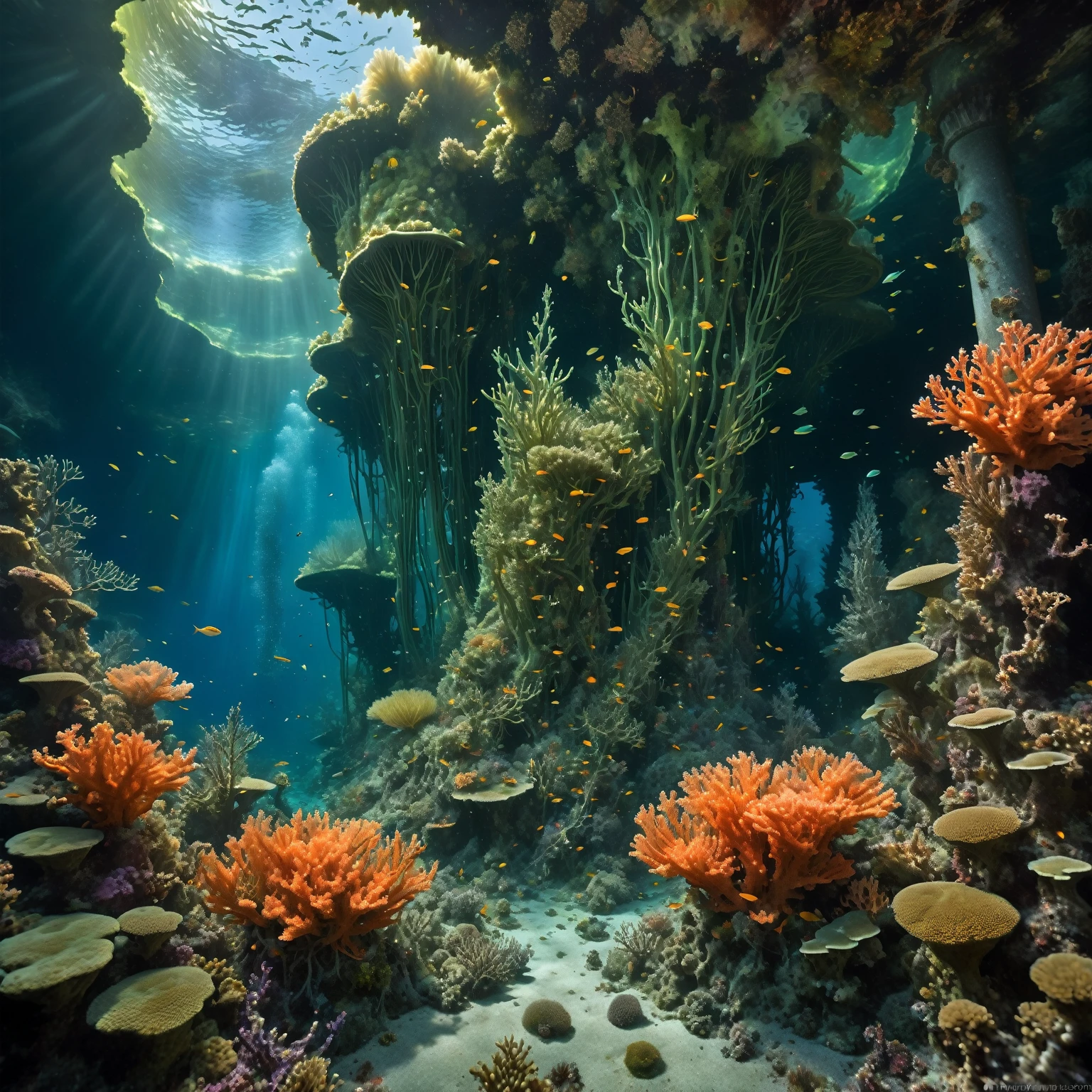 In a brief interim a coral dryad illuminates with St. Elmo's Fire a 747 crash site on submarine mountain covered by algae and coral, showcasing the destruction partially hidden by the acuatic vegetation, underwater scene, melancholic, organic forms, art nouveau, neogothic touch, influenced by Zena Holloway, Shaun Tan and Seth Globepaint.