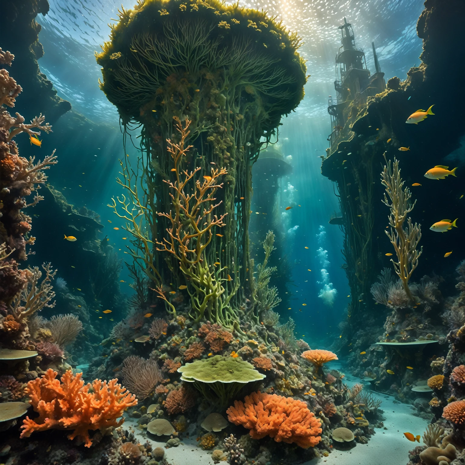 In a brief interim a coral dryad illuminates with St. Elmo's Fire a 747 crash site on submarine mountain covered by algae and coral, showcasing the destruction partially hidden by the acuatic vegetation, underwater scene, melancholic, organic forms, art nouveau, neogothic touch, influenced by Zena Holloway, Shaun Tan and Seth Globepaint.