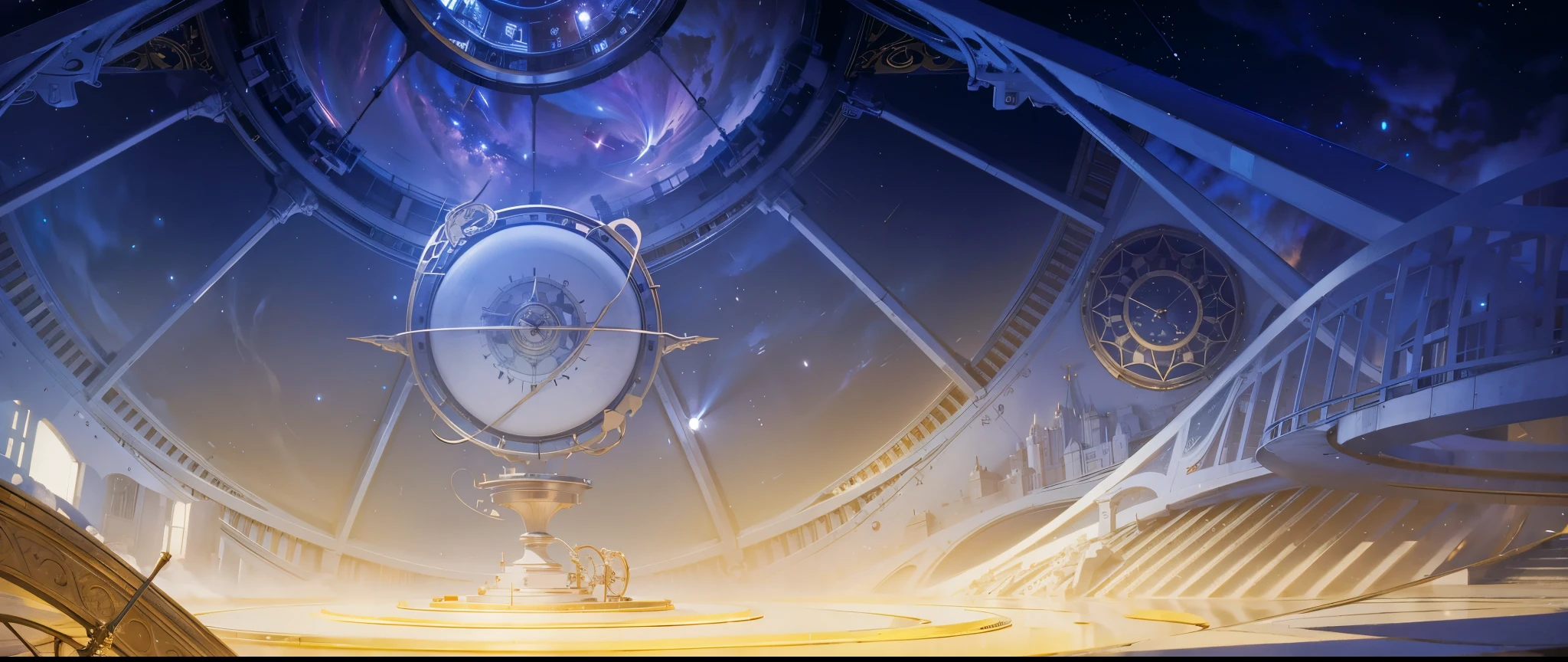 There is a clock on the ceiling of a building., Infinite Space Clock Background, Infinite Celestial Library, Alchemist's Library Background, background technologywork, Animation New Art Universe Display, Intricate sparkling atmosphere, background technology, Concept Art magical highlight, Kingdom of Light Background, Arena Background, anime background technology, astral background, Gorgeous border + Concept Art, Star Clocks