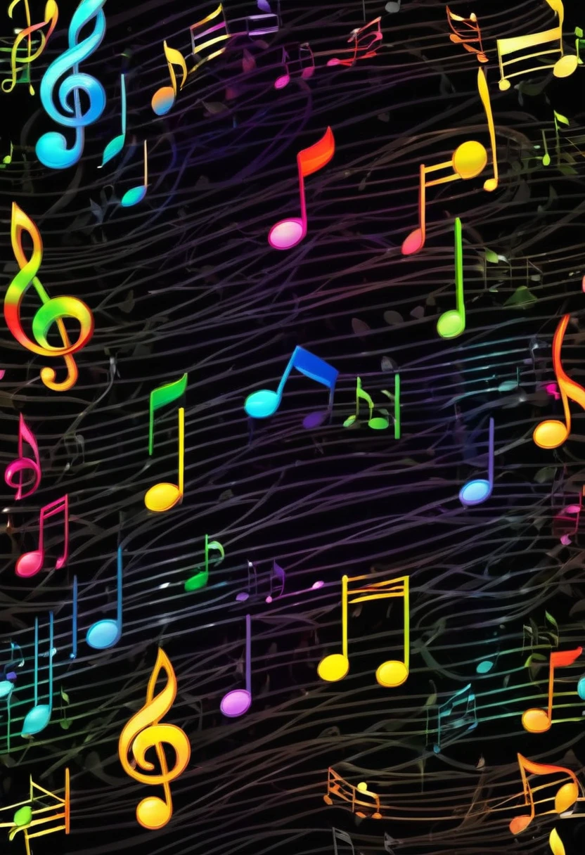 Black background, rainbow colored musical notes