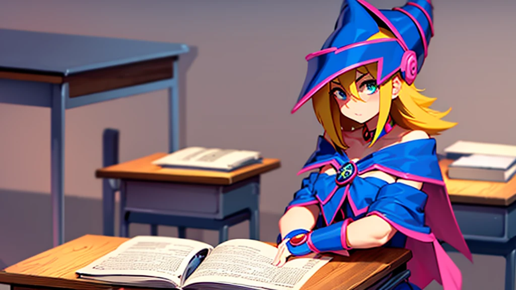 the dark magician sitting at a desk at school