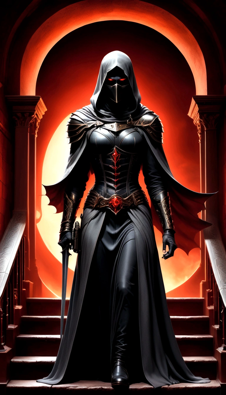 Holy church background,The messenger of hell descended the stairs,Arad woman in black dress,A gray cloak covers the face,Bronzed spiked armor,Magnificent、Mystery,With a feeling,Holding a crimson sickle on the stairs,Dark fantasy art, Abaddon and Magalieu Villeneuve, The blade reflects a strong red light,Backlight,Rim Light,3D Rendering,Unreal Engine,Octane Rendering,8K resolution,masterpiece。Ultra-high detail,The award-winning