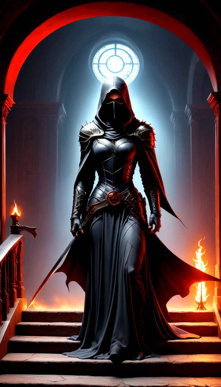 Holy church background，The messenger of hell descended the stairs，Arad woman in black dress，A gray cloak covers the face，Bronzed spiked armor，Magnificent、Mystery，With a feeling，Holding a crimson sickle on the stairs，Dark fantasy art, Abaddon and Magalieu Villeneuve, The blade reflects a strong red light，Backlight，Rim Light，3D Rendering，Unreal Engine，Octane Rendering，8K resolution，masterpiece。Ultra-high detail，The award-winning