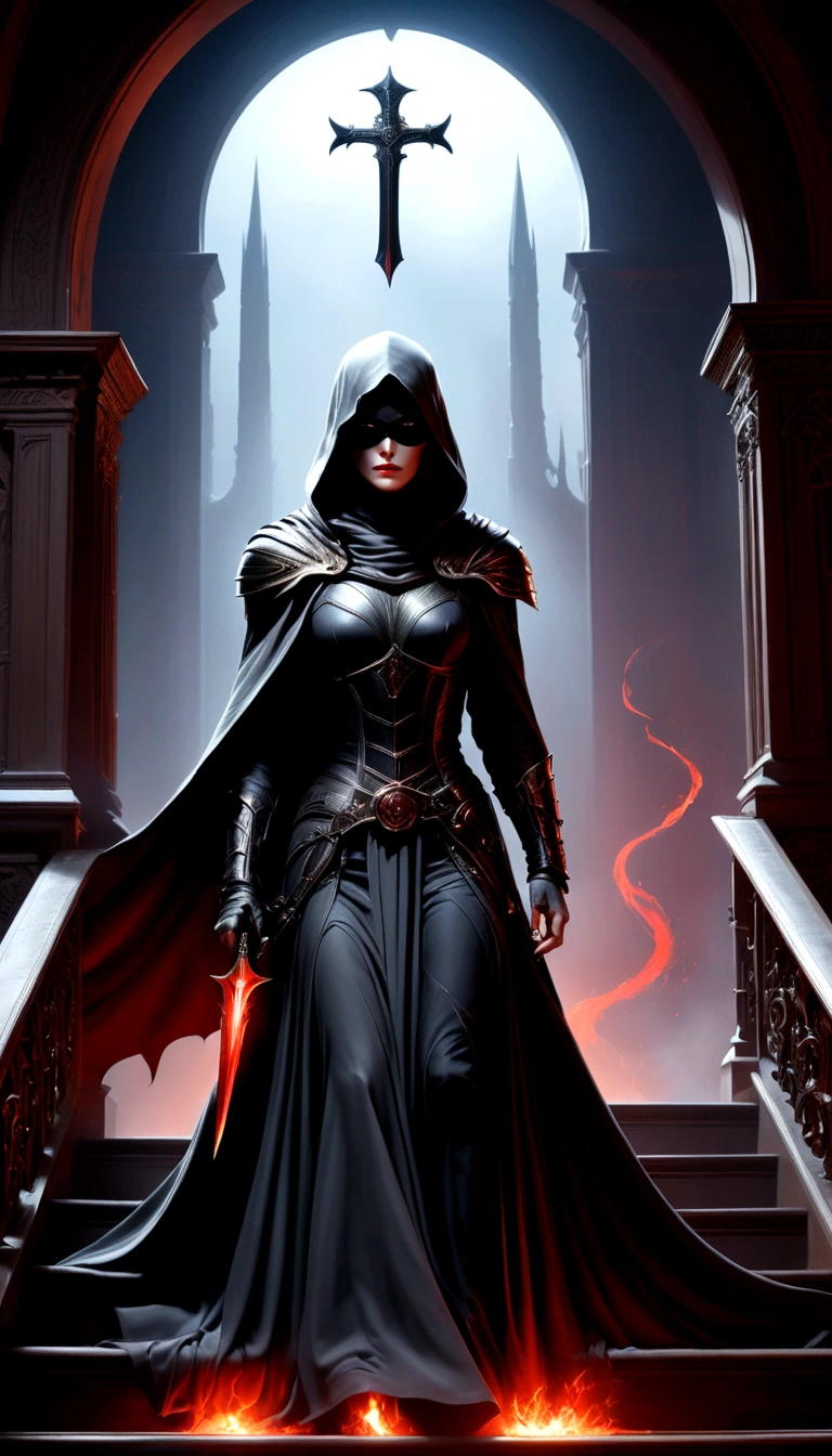Holy church background,The messenger of hell descended the stairs,Arad woman in black dress,A gray cloak covers the face,Bronzed spiked armor,Magnificent、Mystery,With a feeling,Holding a crimson sickle on the stairs,Dark fantasy art, Abaddon and Magalieu Villeneuve, The blade reflects a strong red light,Backlight,Rim Light,3D Rendering,Unreal Engine,Octane Rendering,8K resolution,masterpiece。Ultra-high detail,The award-winning