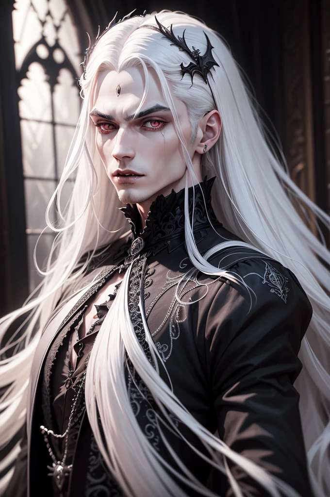 Insanely detailed photograph of a gorgeous vampire man, goth Renaissance, long voluminous white hair, intricate white eyes, fantastical, vampire, ethereal, hyperdetailed, 32k resolution, dynamic lighting, hyperdetailed, intricately detailed, trending on Artstation, triadic colors, volumetric lighting, BalenciagaStyle