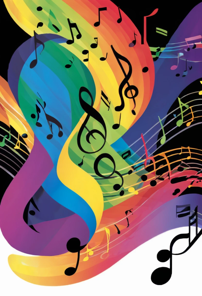 Black background, rainbow colored musical notes