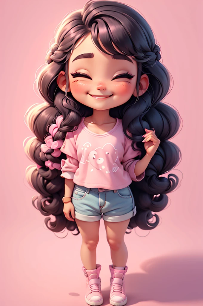 digital illustration cartoon fashion girl miniature ilustration, mexican girl, realistic, braid hair, eyes closed, chibi, nails pink, smiling,  vivid, center photo, white background, smiling, casual outfit,stand, pink shoes, black hair, black hair, white background
