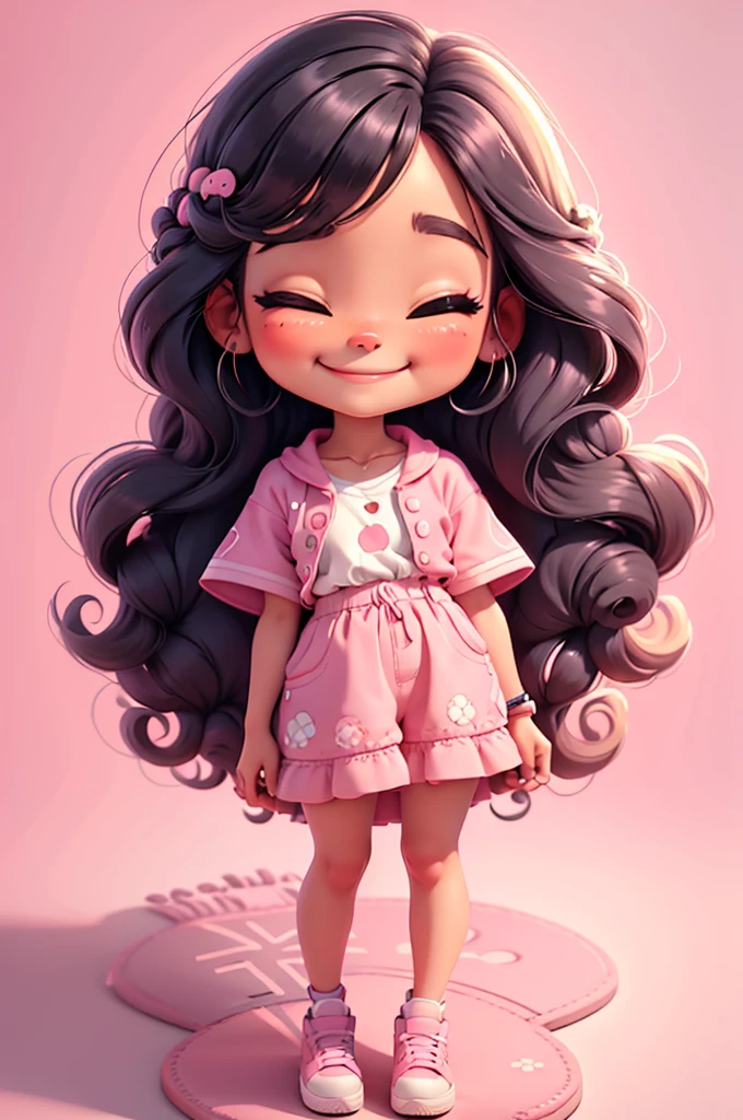 digital illustration cartoon fashion girl miniature ilustration, mexican girl, realistic, braid hair, eyes closed, chibi, nails pink, smiling,  vivid, center photo, white background, smiling, casual outfit,stand, pink shoes, black hair, black hair, white background
